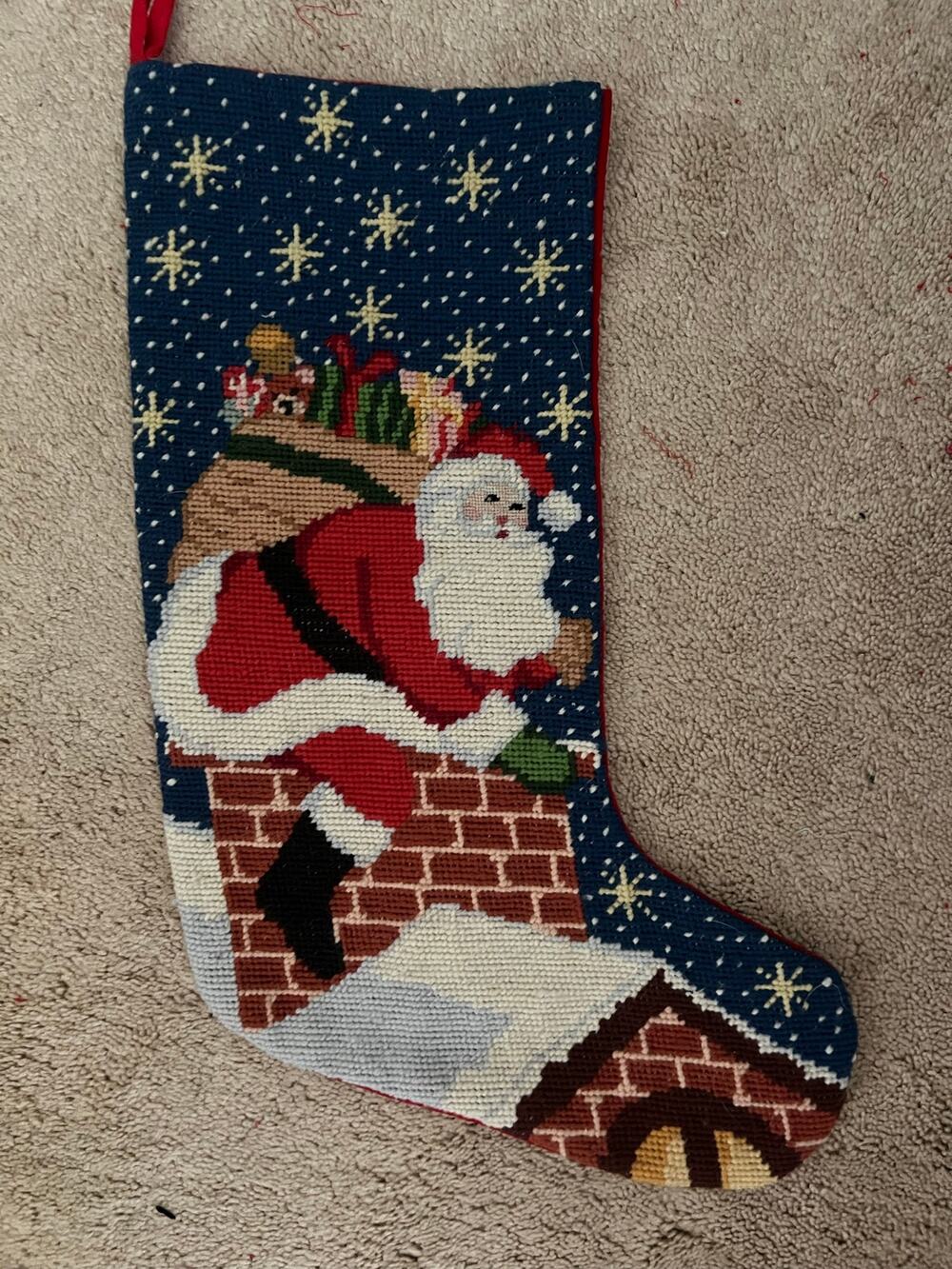 Vintage needlepoint Christmas stocking Santa Claus on chimney 17”